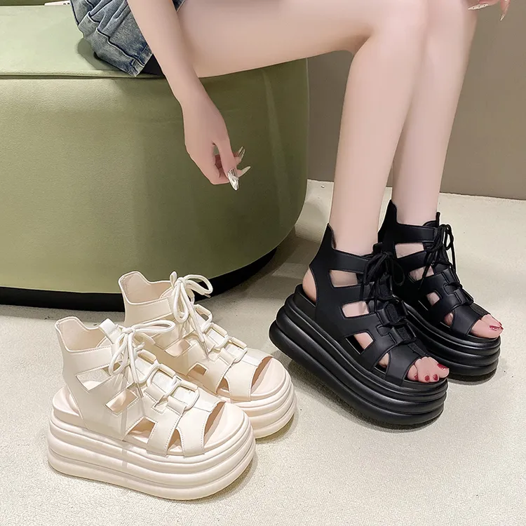 复古罗马凉鞋女2025夏季新款小个子增高松糕厚底时尚镂空鱼嘴凉靴