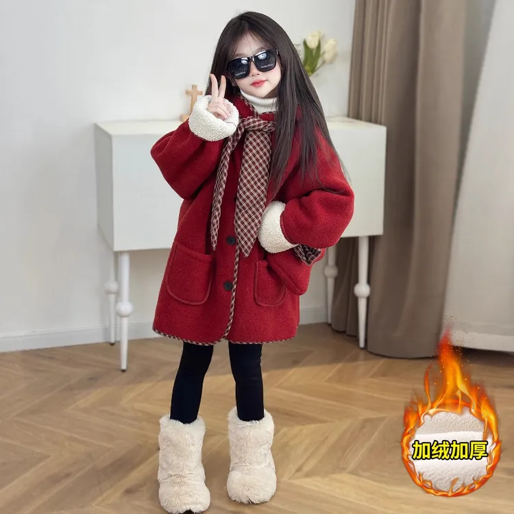 女童红色外套冬装2025新款女孩大童超好看妮子大衣儿童冬季过年服