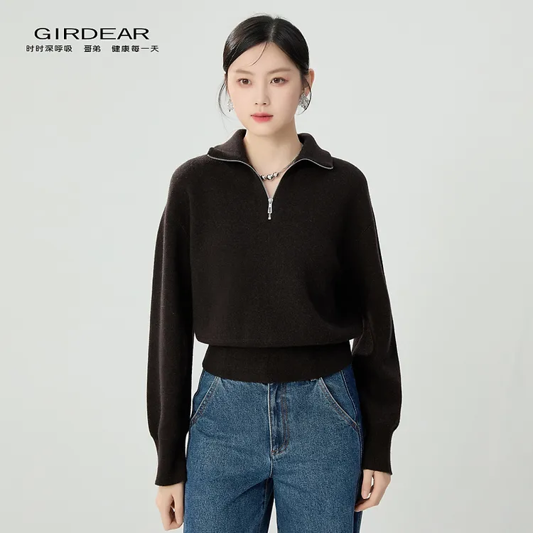 哥弟新款女装绵羊毛时尚百搭长袖翻领半开襟拉链针织套衫1399749