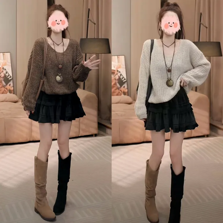 秋季新款慵懒风镂空软糯宽松针织套头毛衣+荷叶边高腰A字半身裙