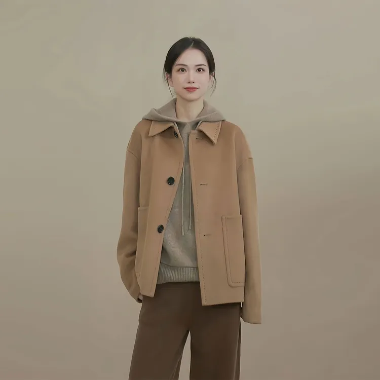 小禾顶奢【绒雪】100山羊绒高级感简约翻领休闲短款羊绒大衣外套