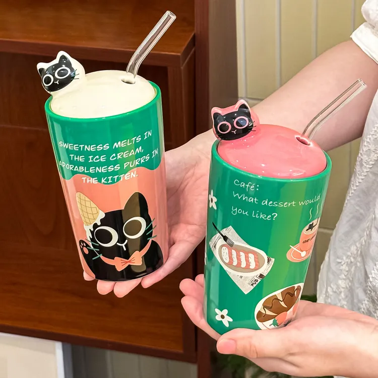 川岛屋可爱陶瓷马克杯带盖吸管杯家用办公室喝水杯大容量咖啡杯子