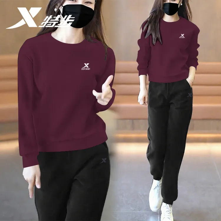 特步女士运动套装春秋圆领卫衣套头衫长袖打底衫长裤休闲两件套女
