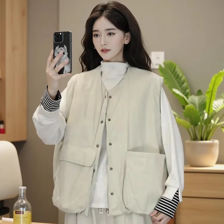 设计感复古不对称口袋无袖马甲外套女2025秋冬新款宽松棉马夹上衣