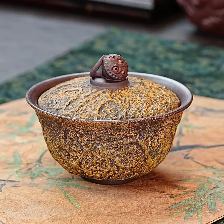 宜兴原矿紫砂全手工紫泥粉浆创意莲蓬荷叶盖碗紫砂杯高端茶具