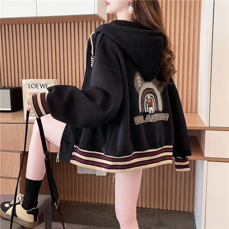 连帽棒球服外套女秋冬季2025新款加绒加厚宽松小个子短款开衫卫衣