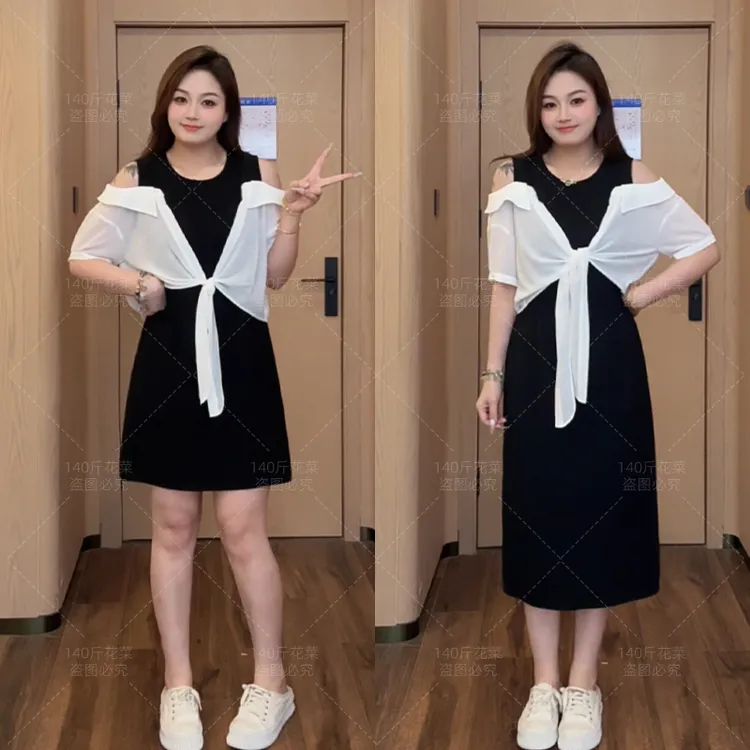 花菜微胖定制~【黑白琴键】法式小众黑白拼接假两件连衣裙