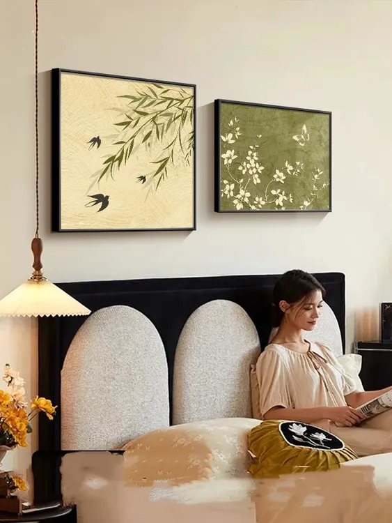 客厅背景墙装饰画绿色系竹子中古风花卉沙发墙挂画高级感餐厅壁画