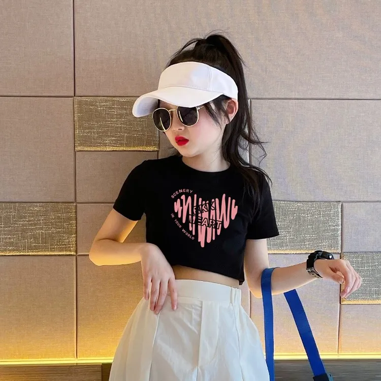 女童短袖t恤春夏2025新款大童女孩短款上衣儿童洋气夏装修身衣服