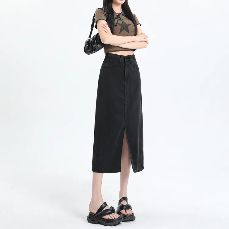 天丝牛仔半身裙夏季薄款2025新款高腰a字裙宽松垂感开叉中长裙女
