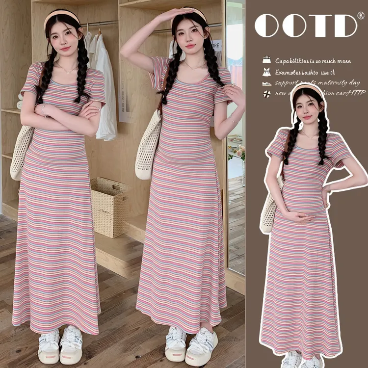 2025新款夏季时髦孕妇装法式高腰显瘦短袖辣妈外穿方领连衣裙夏装