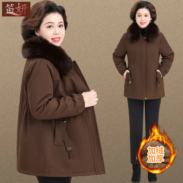 中年妈妈厚外套加绒派克服女中长款2025新款中老年秋冬装洋气棉服