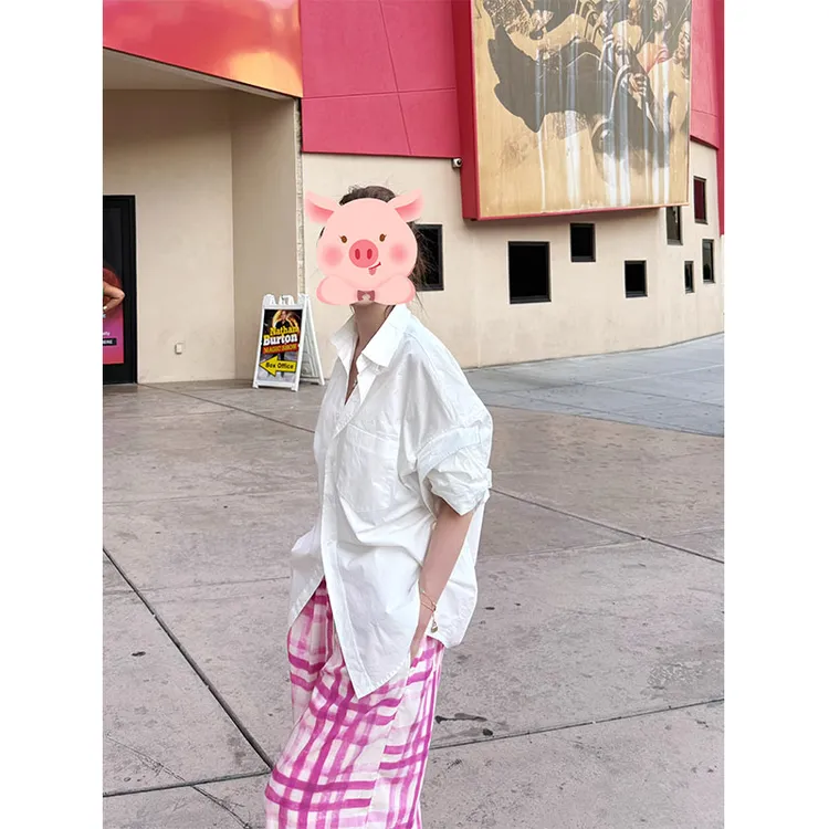 韩系女装宽松百搭小众衬衫夏季新款复古设计感高腰格纹休闲阔腿裤