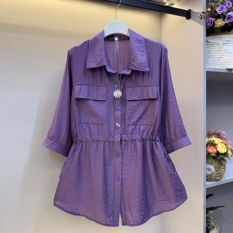 时尚2025夏季宽松气质短袖衬衫休闲女遮肚显瘦大码女装衬衫