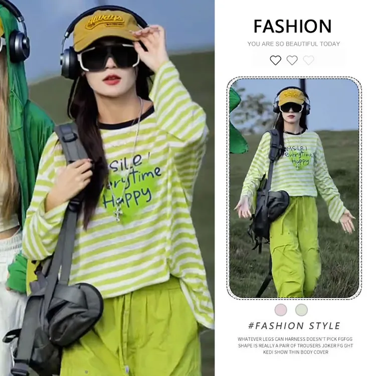 小个子T恤防晒罩衫女2025秋季新款韩版时尚字母印花条纹打底上衣