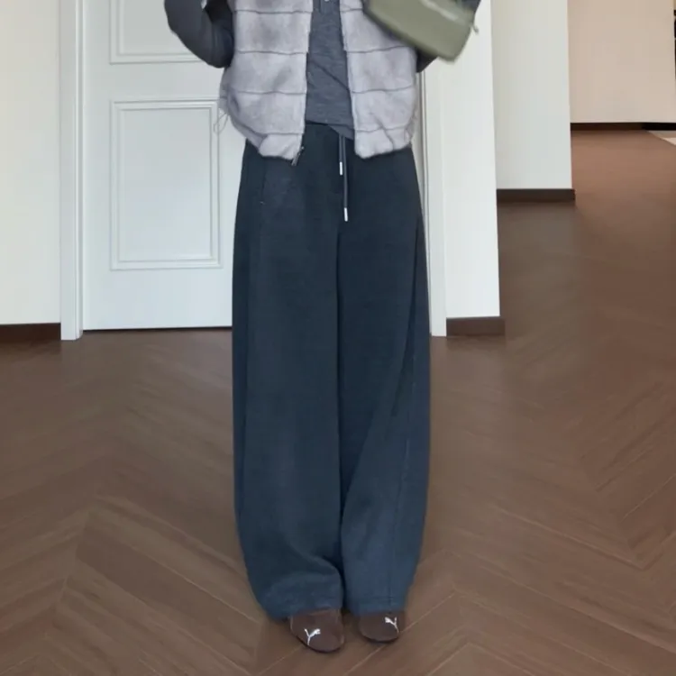 【樱落浅梦】加绒垂垂直筒气质百搭宽松老钱风窄版阔腿休闲裤子女