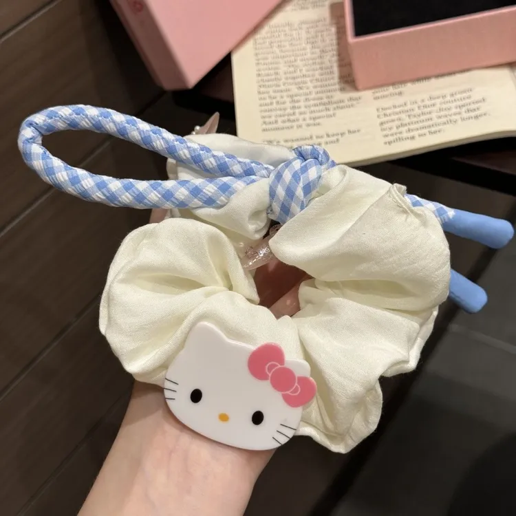 学院少女!粉蓝格Kt猫飘带大肠圈发绳蓬松云朵发圈头绳丸子头皮筋