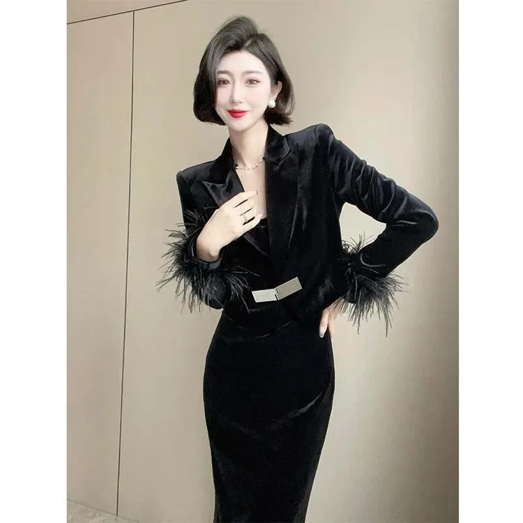 【两件套】有里布黑色西装外套女春秋韩版休闲连衣裙套装HY0085