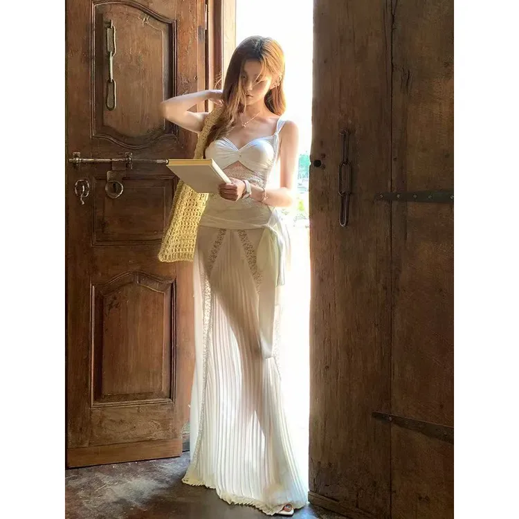 Dosuny朵扇重工胸衣吊带蕾丝长裙两件套纯欲辣妹御姐露肩套装8113