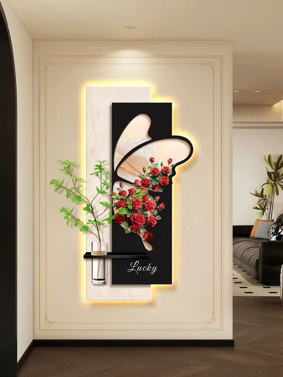 玄关装饰画入户进门水培绿植蝴蝶挂画轻奢高级感灯饰壁画