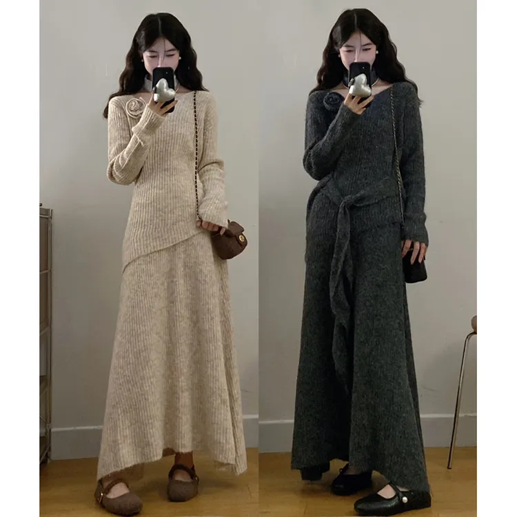 大码胖mm女秋冬韩版系带立体花朵毛衣+气质显瘦半身裙两件套装女