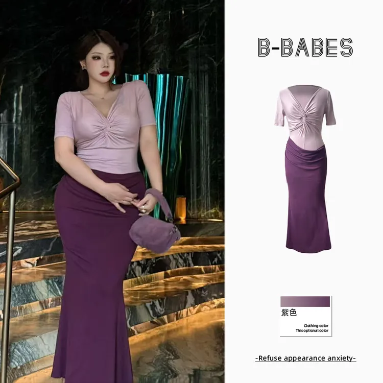 B-babes【柔韵的美】纯欲假两件撞色修身显瘦微胖收腰短袖连衣裙