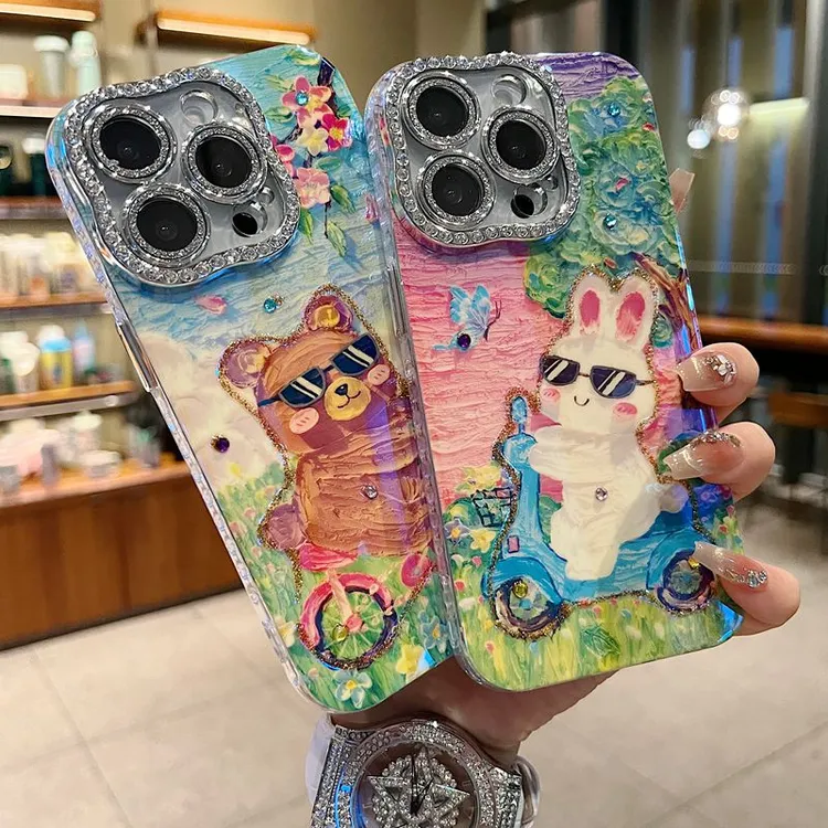 适用苹果系列iPhone16新款手机壳创意单车小熊扭边钻框闪钻镜头膜