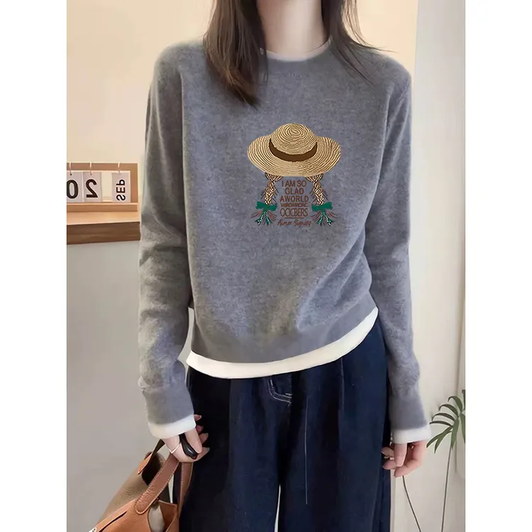 秋冬季双面德绒加厚款灰色假两件撞色长袖T恤女打底衫百搭上衣