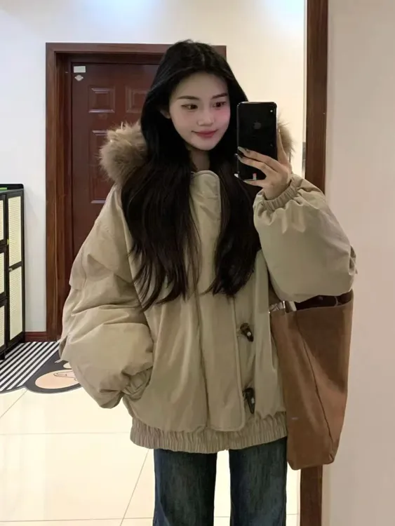 美式复古牛角扣棉服大毛领派克服女2025冬季新款宽松加厚棉衣外套