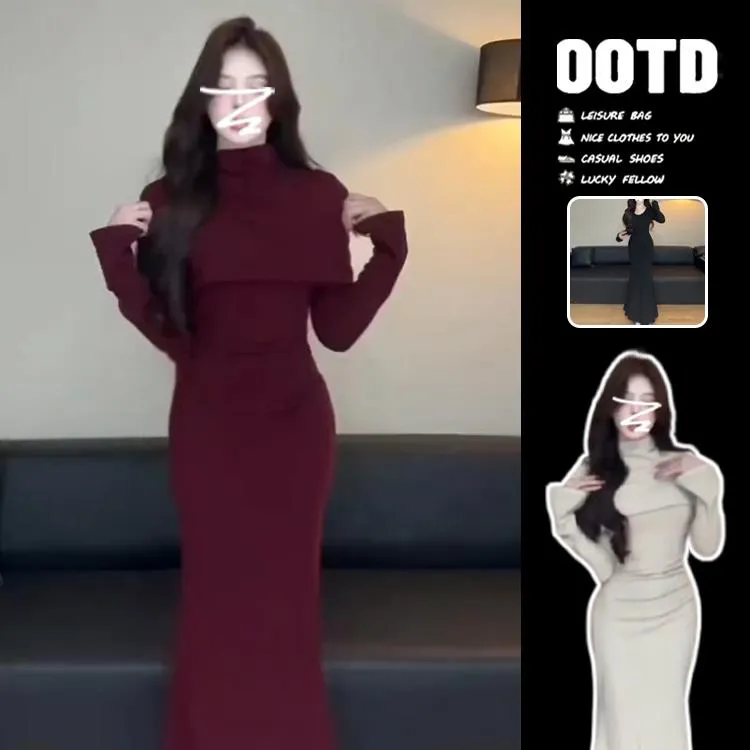 赫本风长袖显瘦礼服气质法式红色针织连衣裙子女秋冬季2025新款内