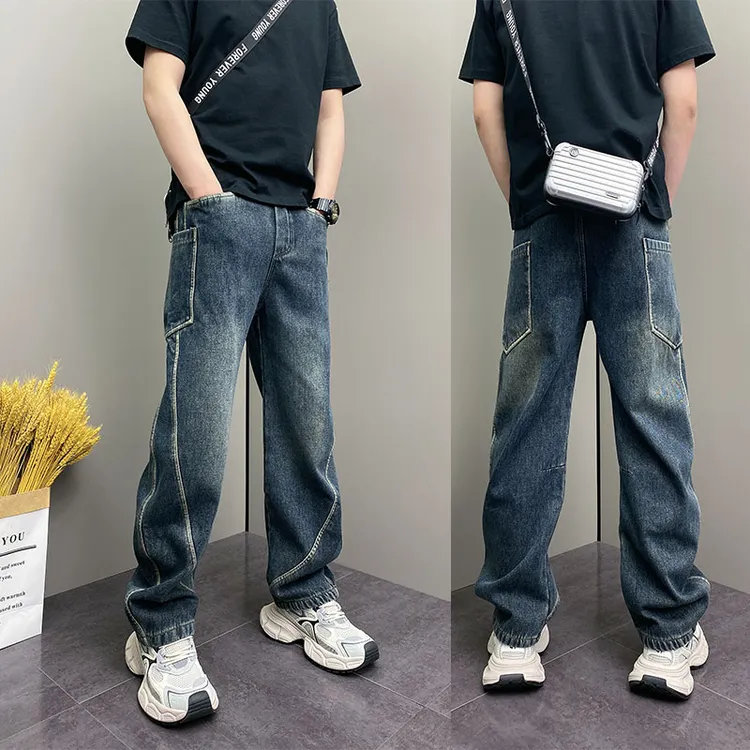 水洗做旧蓝色牛仔裤2025春季拼接大口袋直筒裤帅气韩版加绒阔腿裤