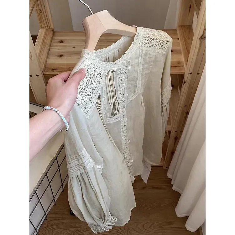 2025新款复古宫廷风设计感灯笼袖亚麻色宽松微透长袖仙女衬衫上衣