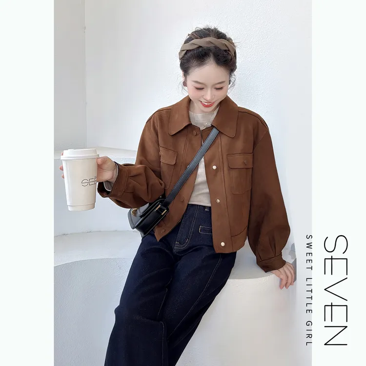可可棕⑧七七146小个子早秋新款复古麂皮绒短款外套女装上衣小美说
