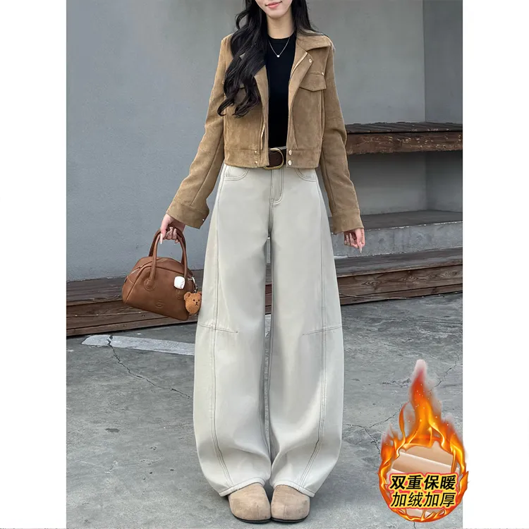 明月灰复古弯刀加绒阔腿裤女2025冬季新款高腰宽松显瘦拖地长裤