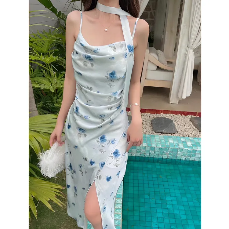 夏季醋酸吊带裙修身包臀吊带设计感小众碎花气质复古连衣裙裙子