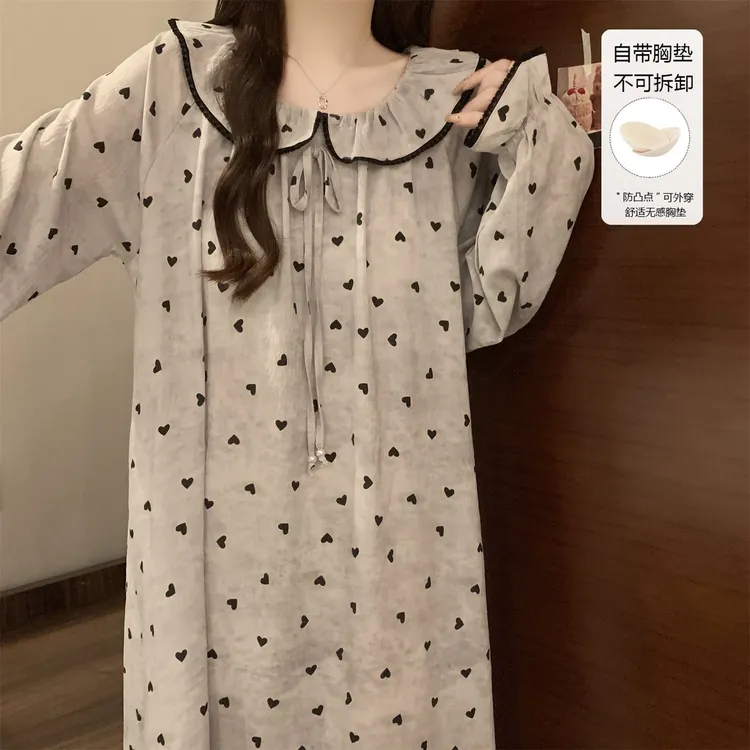 带胸垫春秋季新款长袖睡裙女生甜美可爱中长款云朵棉家居服可外穿