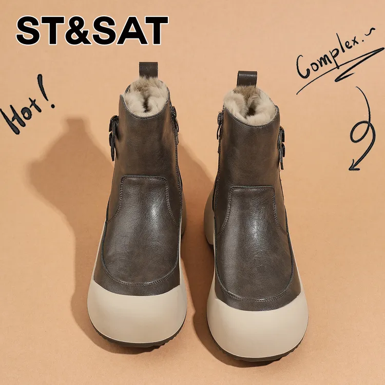 星期六真皮厚底百搭雪地靴女2025冬季新款加绒保暖短靴皮带扣棉靴