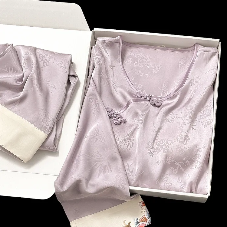 新中式国风提花冰雪丝睡衣女春夏季高级感甜美带胸垫可外穿家居服