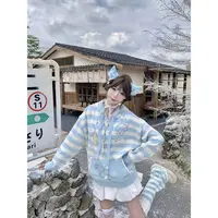 H004纹星星猫咪韩系蓝白条纹连帽毛衣QF00513