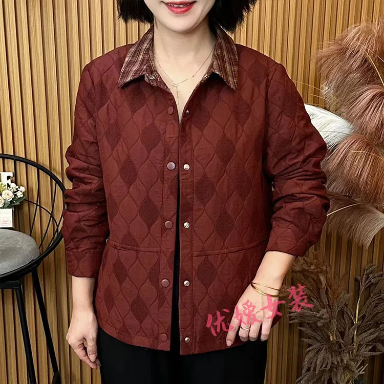 妈妈装时尚潮流女装秋季格子领拼接外套宽松显瘦百搭中老年女装