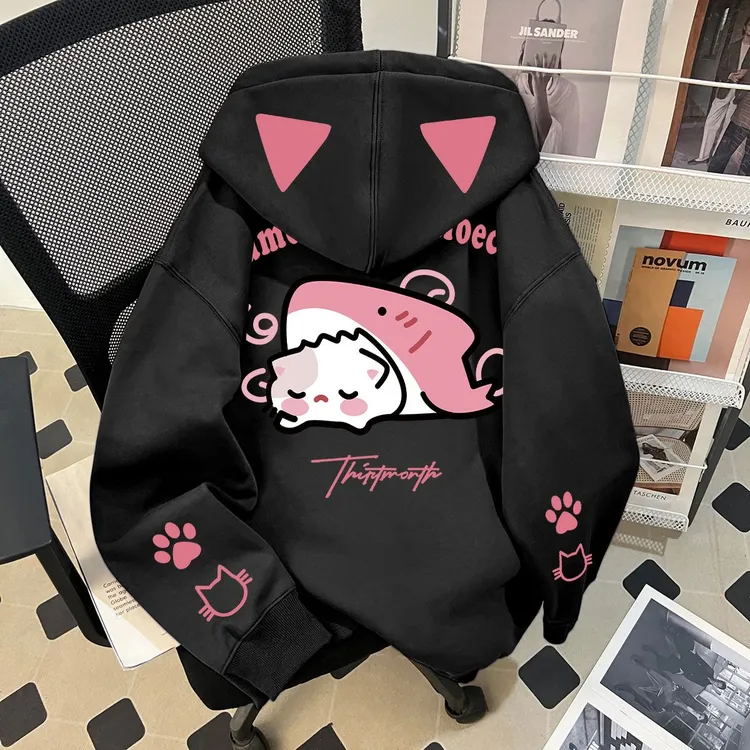 男女童卡通可爱猫咪印花秋冬季新款连帽卫衣中大童加绒冬装上衣服