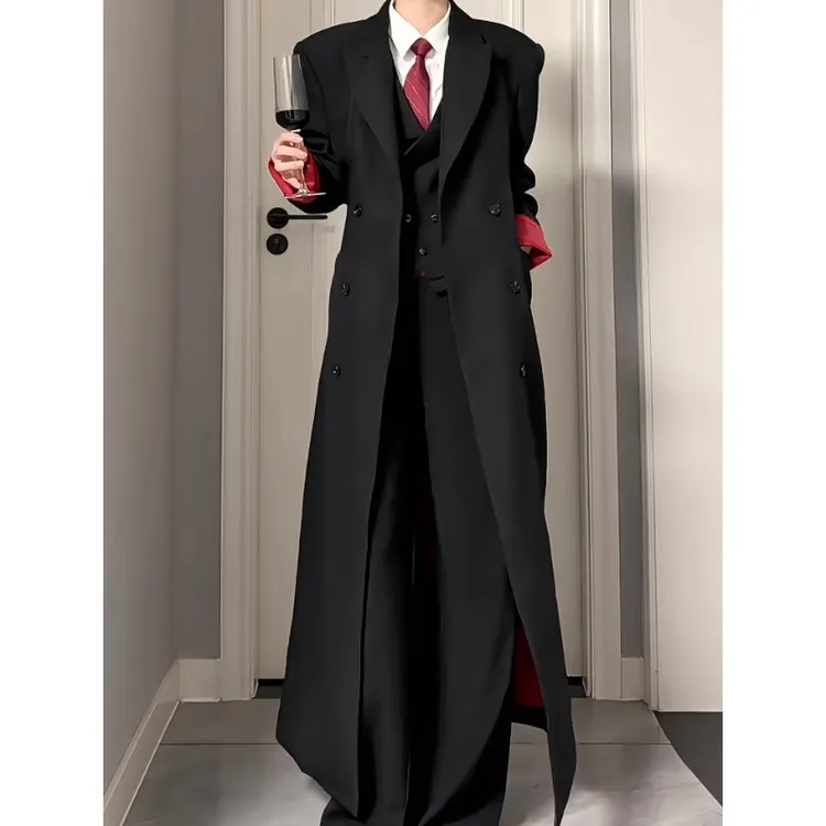 黑色红内垫肩教父风衣男款秋冬中长款加厚毛呢大衣英伦风呢子外套