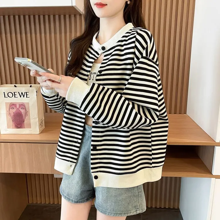 学院风条纹开衫薄款卫衣女春秋新款韩版宽松百搭显瘦圆领外套上衣