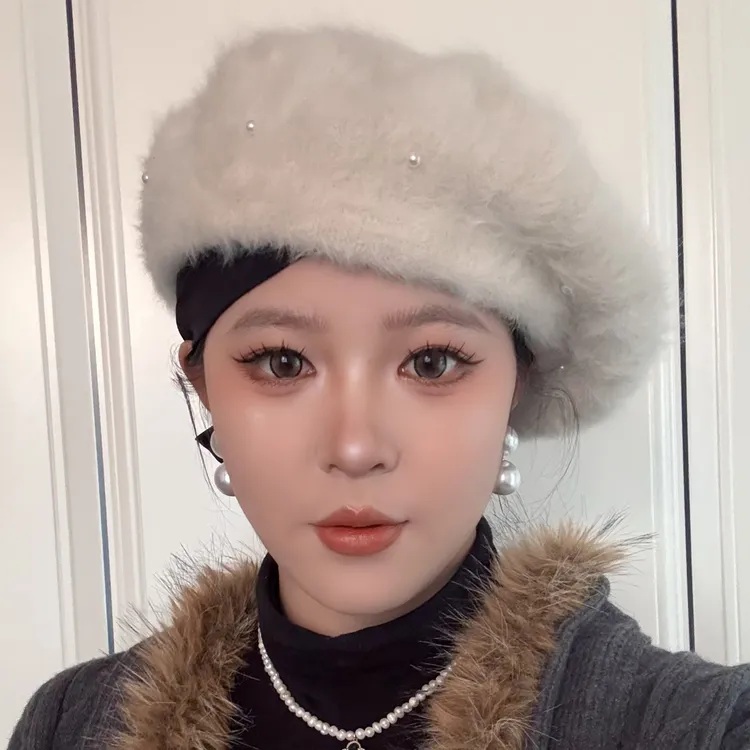 新款兔毛氛围感贝雷帽