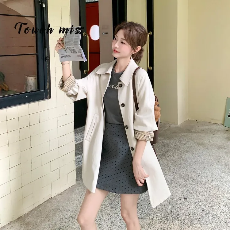 TOUCH MISS米白色格纹拼接风衣外套女2025秋季新款韩系高级感气质