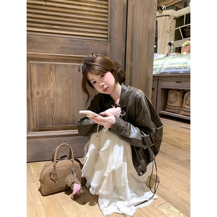 MARIE.COCO复古朋克风皮衣短外套女秋季蕾丝花边不规则连衣裙套装