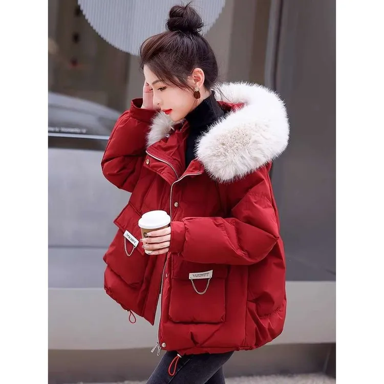 羽绒服女短款过年战袍小个子加厚保暖大毛领棉衣棉服棉袄外套冬季