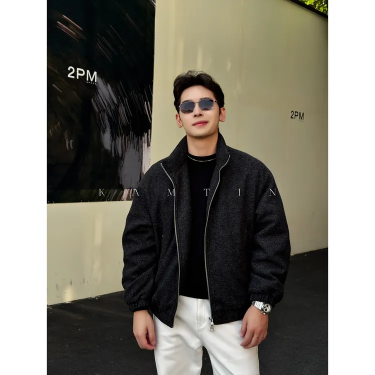 保暖廓形「高端羊毛呢」冬季立领90白鸭绒宽松大衣男士夹克外套