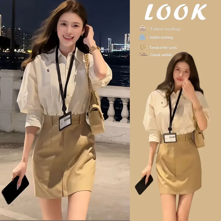 今年流行漂亮套装女2025新款简约百搭长袖衬衫显瘦高腰短裙两件套