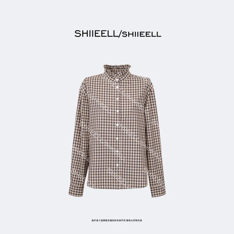 SHIIEELL【冷萃格纹】高智感棉质木耳花边时尚宽松细格衬衫W895C